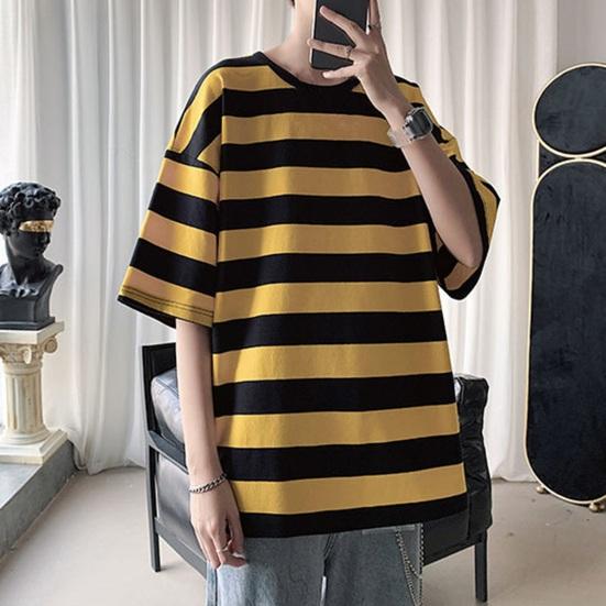 Men Summer T-shirt Striped Color Matching Half Sleeves Round Neck Loose Japanese Style Casual Daily Wear Teenager Streetwear Spring Top