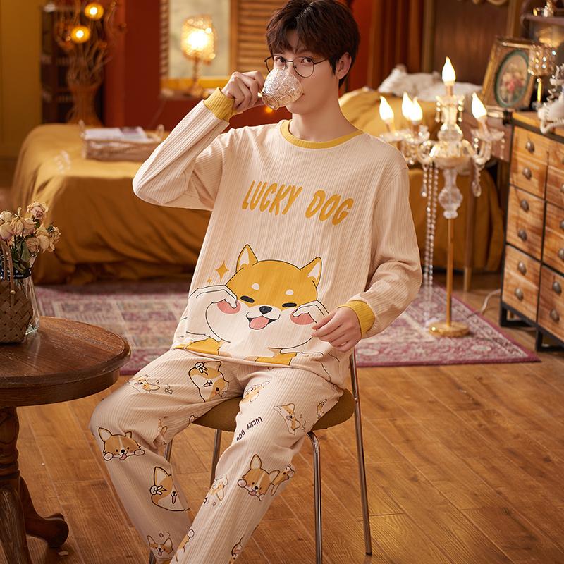 Spring Cotton Men's Pijamas Set Plus Home Clothes Male Nightwear 2Pcs/Set Casual Loungewear Long Sleep Top & Pant