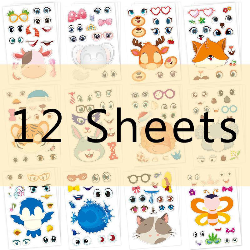 12 Sheets DIY Make a Face Stickers Animal Mermaid Adhesive Waterproof Puzzle Stickers Enlightenment Games Cute Gift Boy Girl ZYF
