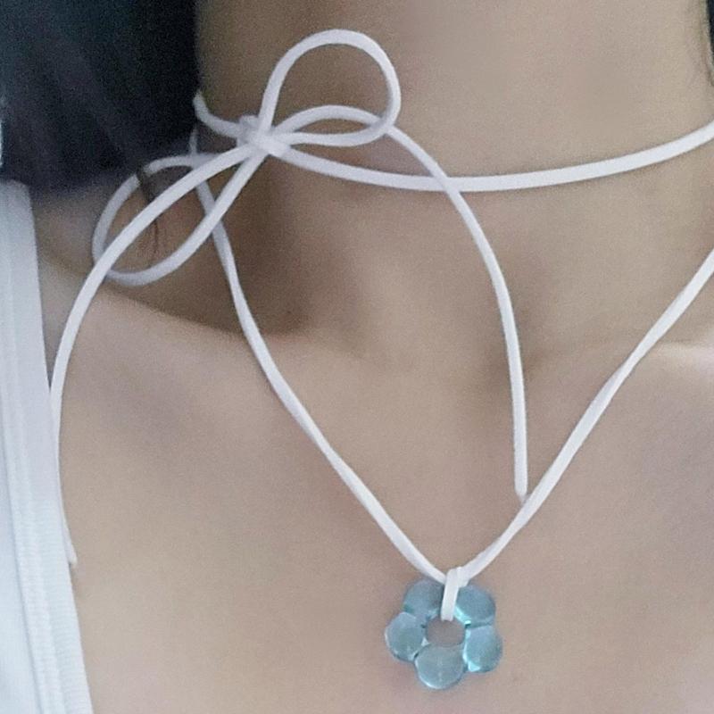Sweet Glass Flower Pendant Necklace Fashion Statement Choker Neck Chain Simple Cord Collar Necklace Party Jewelry