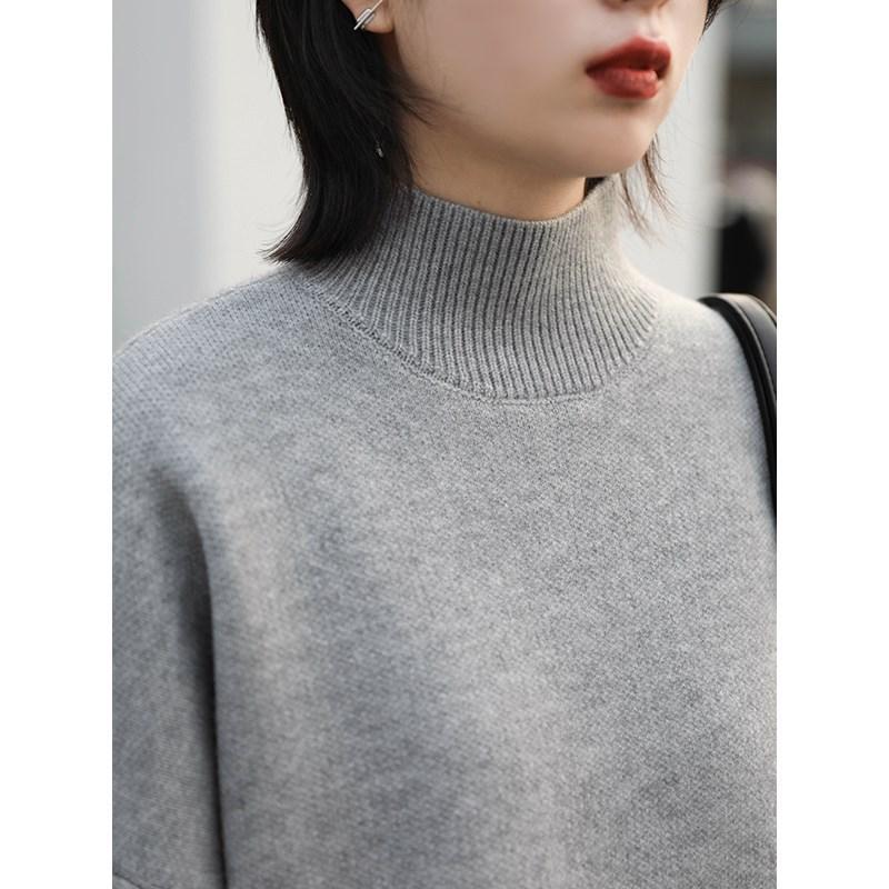 Semi-turtleneck Sweater Women's Autumn and Winter High-end Sense Lazy Wind Loose Medium and Long Bottoming Knitted Sweater Thickened Inside