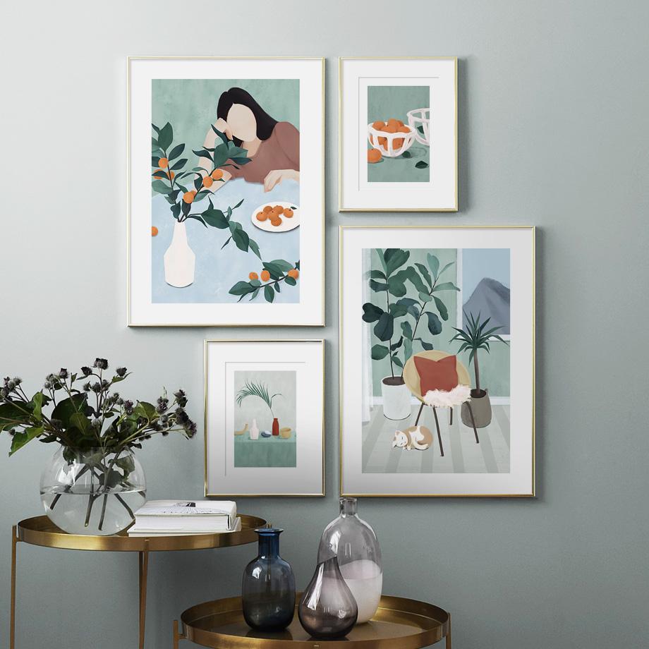 

Абстрактная девушка фруктовый стул кошка лист растение настенная живопись бумага скандинавский плакат настенная картина гостиная может быть настроена