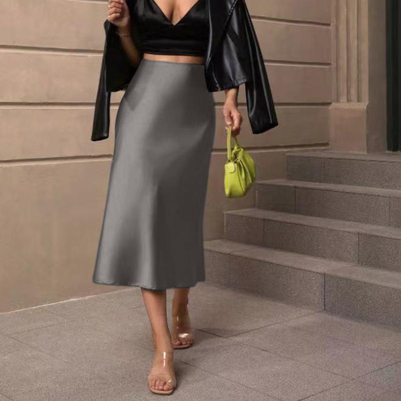 Solid Casual Loose Fishtail Skirt Women Fashion Elegant Slim Fit Satin Loose Skirts for Women Spring and Summer A Line High Waist Woman Skirt 26441