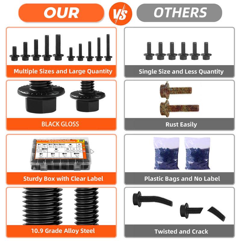280PCS 10.9 Grade Black Flange Bolt Kit, M6x1.0 M8x1.25 M10x1.5 Hex Bolts Nuts Washers Set for Automotive (12-30mm)