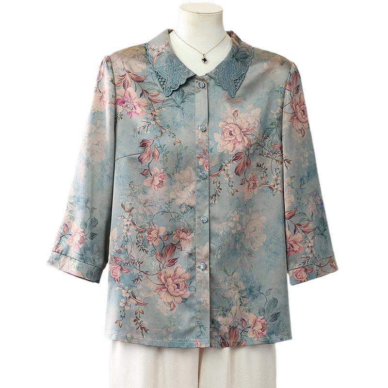 Silk Three-Quarter Sleeve Summer Top for Elderly Women