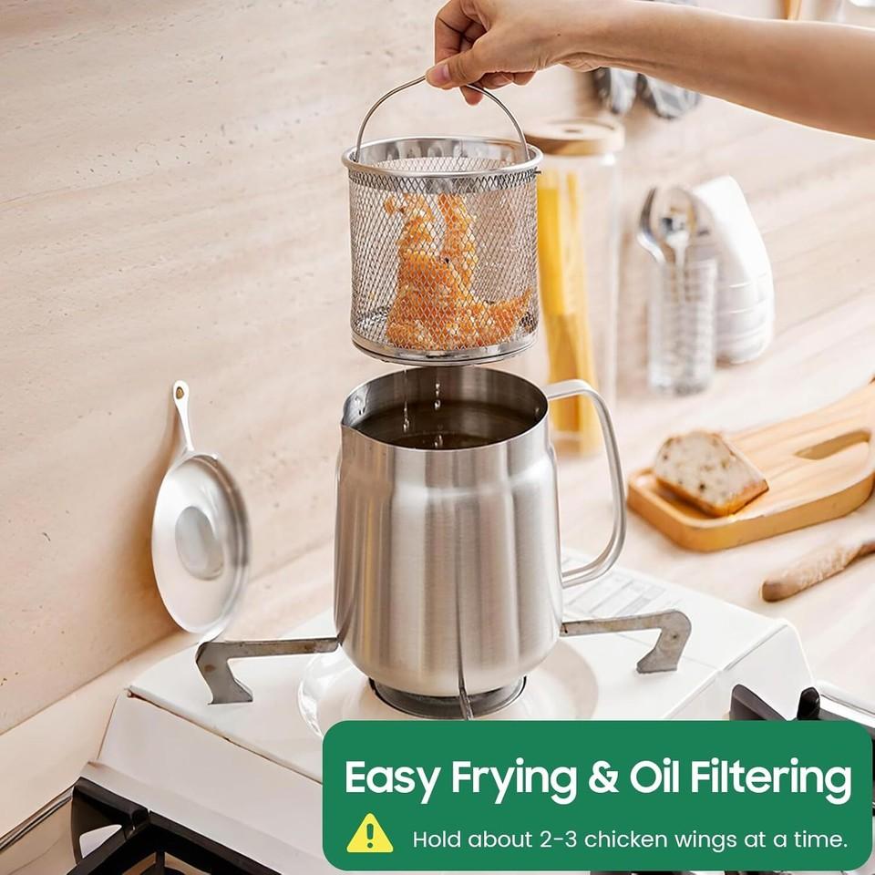 1.5L/2L Oil Filter Pot with Strainer and Frying Basket 304 Stainless Steel Oil