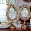 European Vintage Carved Desktop Vanity Mirror Elegant Relief Photo Frame Decorative Makeup Mirror Exquisite Photo Display Props