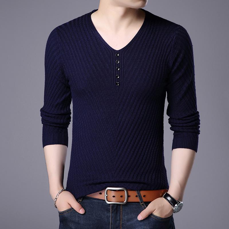 Men's Black V-neck Henley Knit Sweater Textured Long Sleeve Casual Pullover