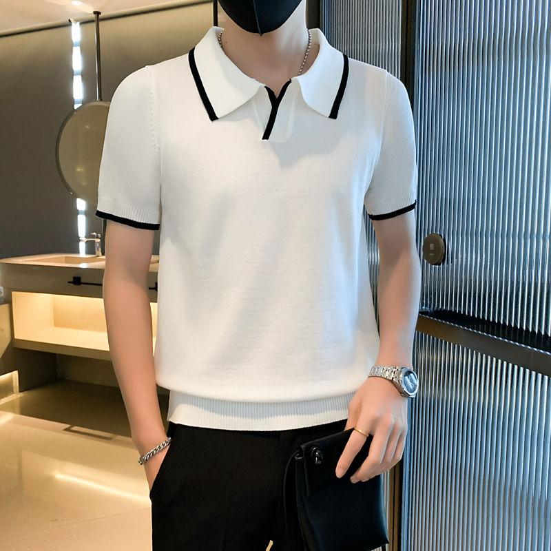 2024 Summer Fashion Knitted Non Ironing Polo Shirt Short Sleeved Luxury Business Combination Color Contrast Versatile T-shirt