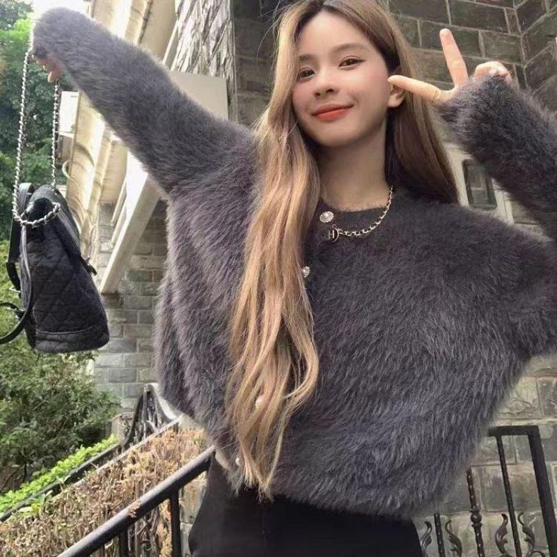 Frauen Strickjacke Langarm Nerz Kaschmir Mohair Pullover Sanfte Herbst Winter Strickwaren Weiche Süße Oansatz Tops