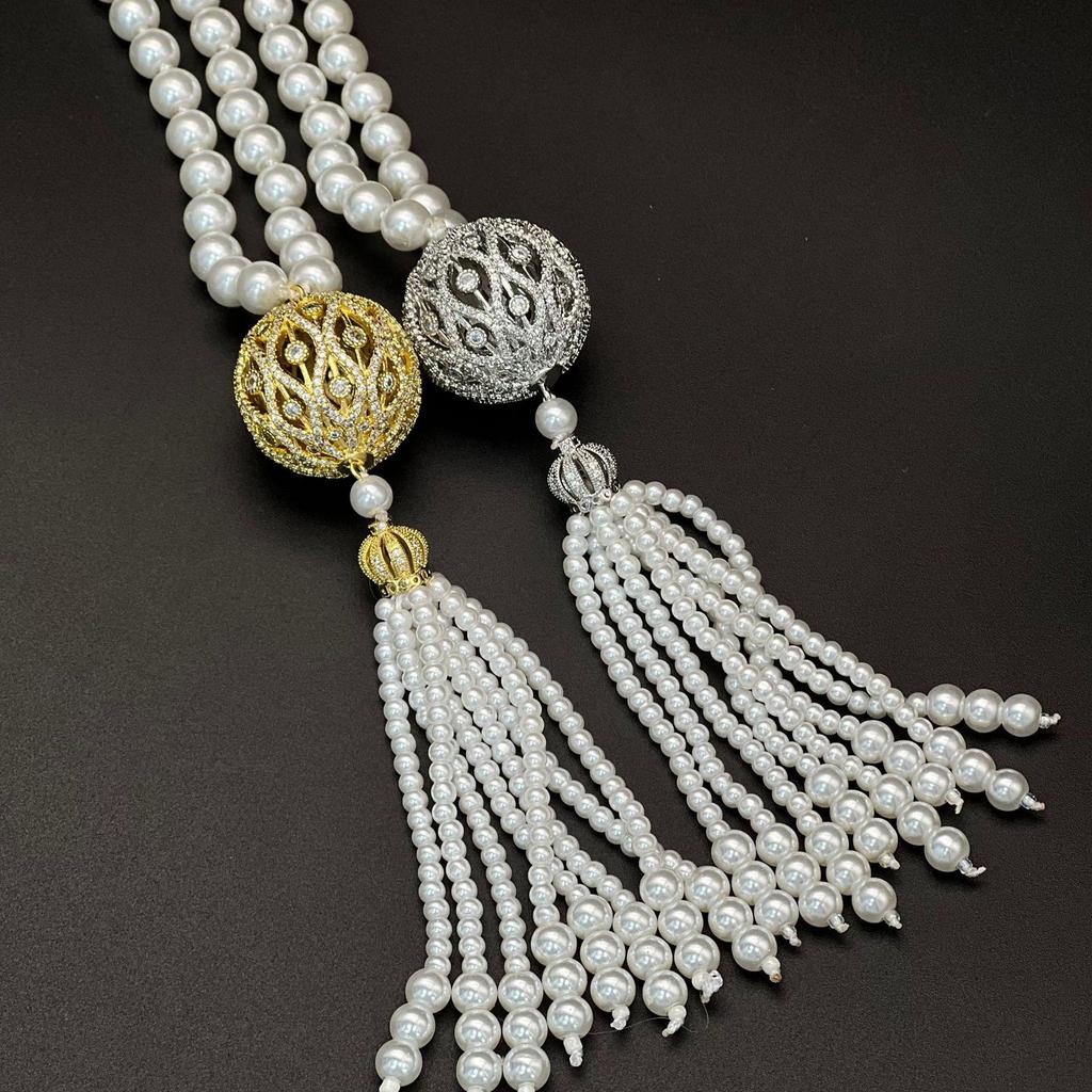 Elegant European & American Light Luxury Tassel Pearl Sweater Chain with 3D Hollow Zircon Pendant