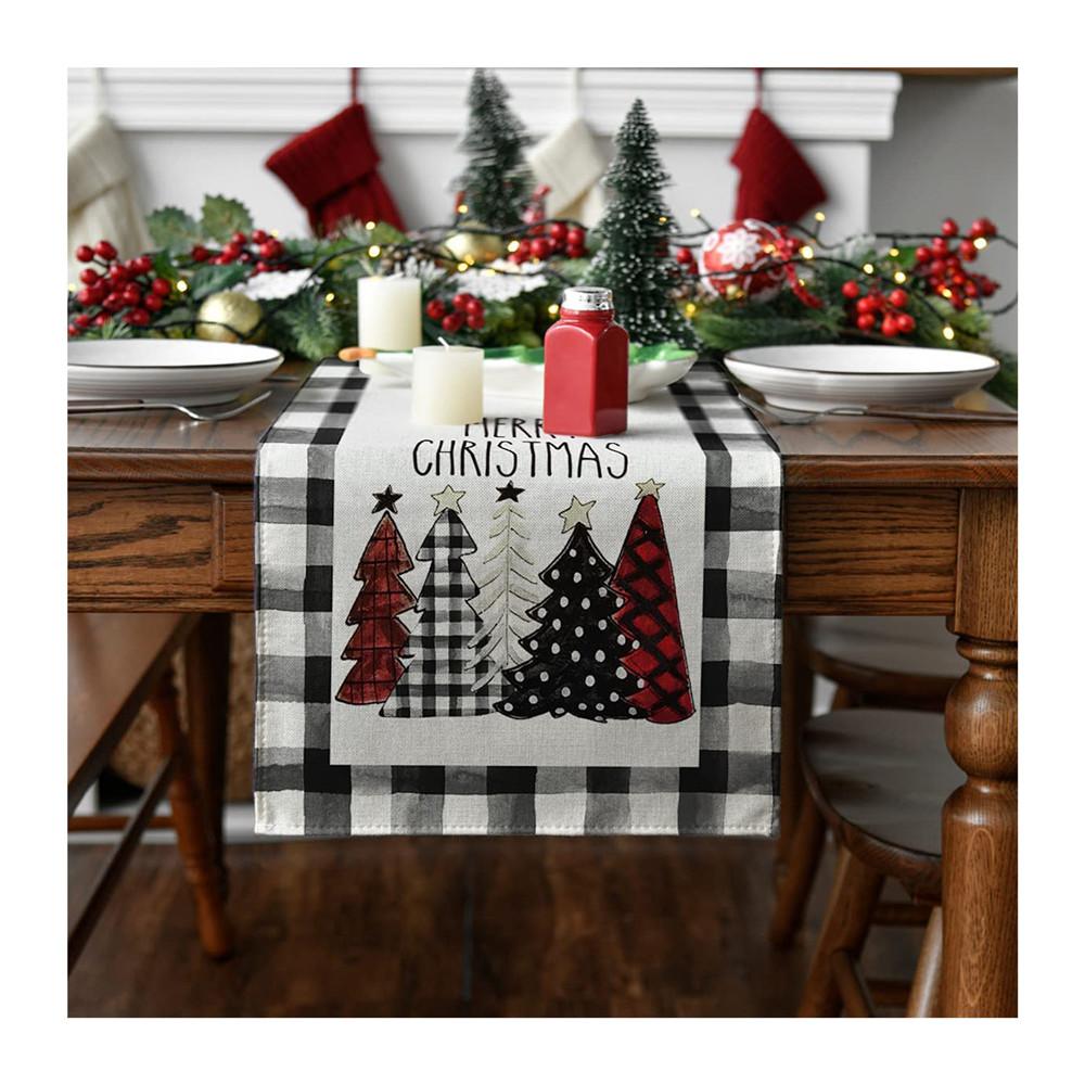 Plaid Merry Christmas Tree Table Runner Kitchen Dining Table Cloth Decoration