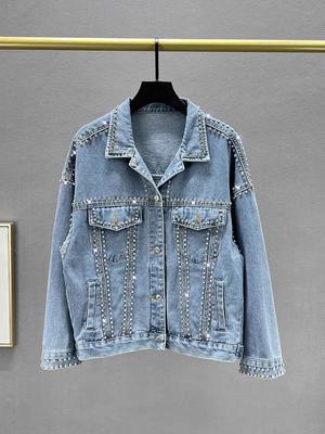 Damen Blaue Denimjacke im Europäischen Stil mit Perlen- und Diamant-Inlay, Lockerer Schnitt