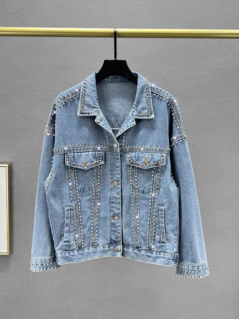 Women's European Style Blue Denim Jacket with Bead and Diamond Inlay, Loose Fit
