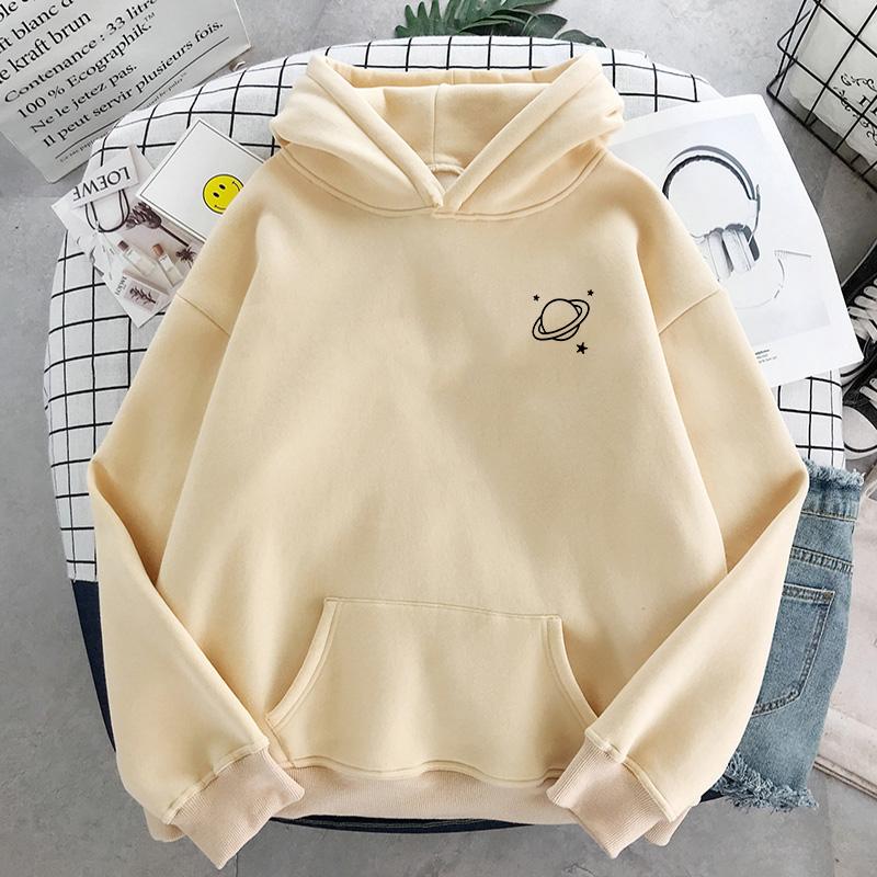 The New 8 Colors Sweatshirts Velvet Winter Women's Cute Saturn Printing Hooded Female 2020 Thicken Warm Hoodies Lady Autumn Tops
