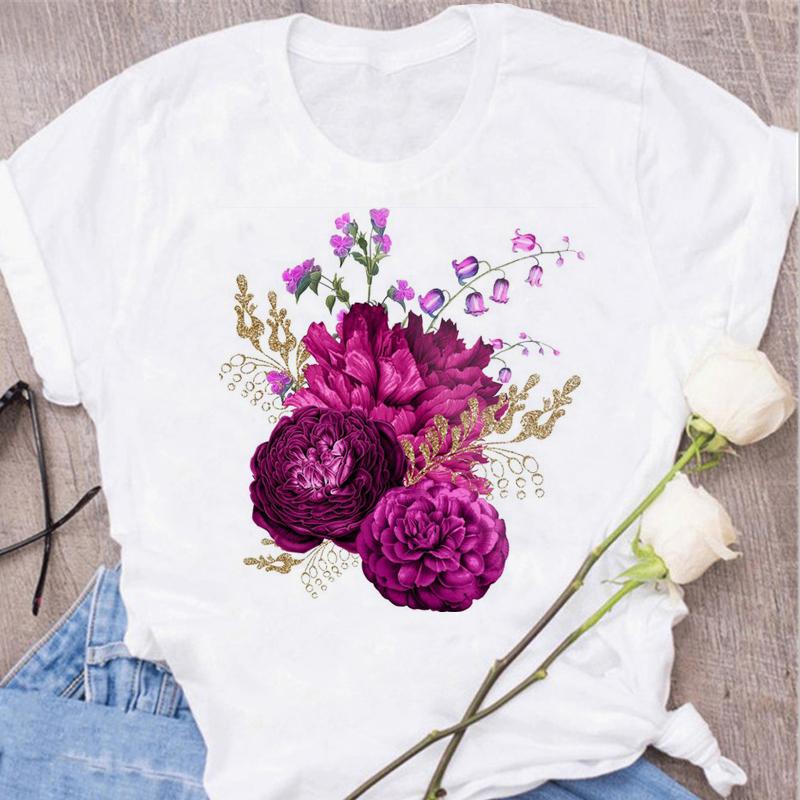 Women's Tops Fashion Flower Floral Print Lady T-shirt Casual Short Sleeve Aesthetic Clothes Shirt T-shirts Female Tops Tees