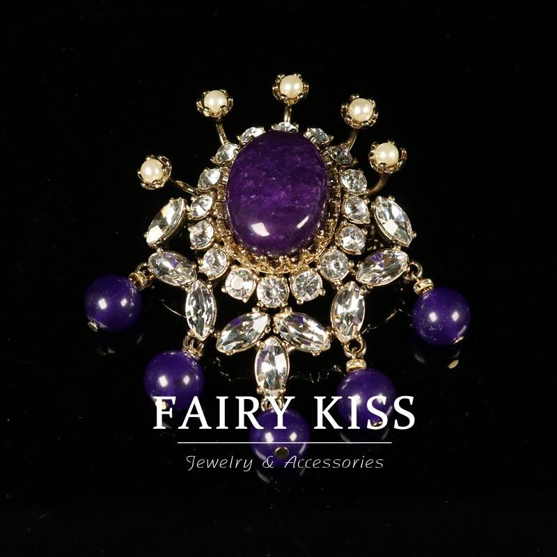 Brooch Inlaid with Zircon Pearl Purple Stone European and American Heavy Industry High-end Women's Pin Accessories