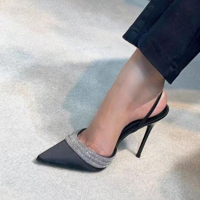 One-word Satin Sandals Half-drag Sandals Women's Autumn New Pointed Purple Thin Heel High Heel Light Mouth Rhinestones