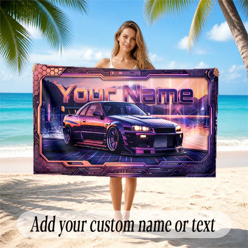 City Cyberpunk Theme Soft Beach Towel Personalized Custom Name Text Towel Portable for Beach Pool Travel