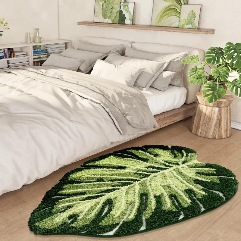 Green Leaf Bath Mat Machine Washable Bathroom Rug, Non-Slip Shower Mat for Bathroom and Bedroom Home Decor, Quick-Dry