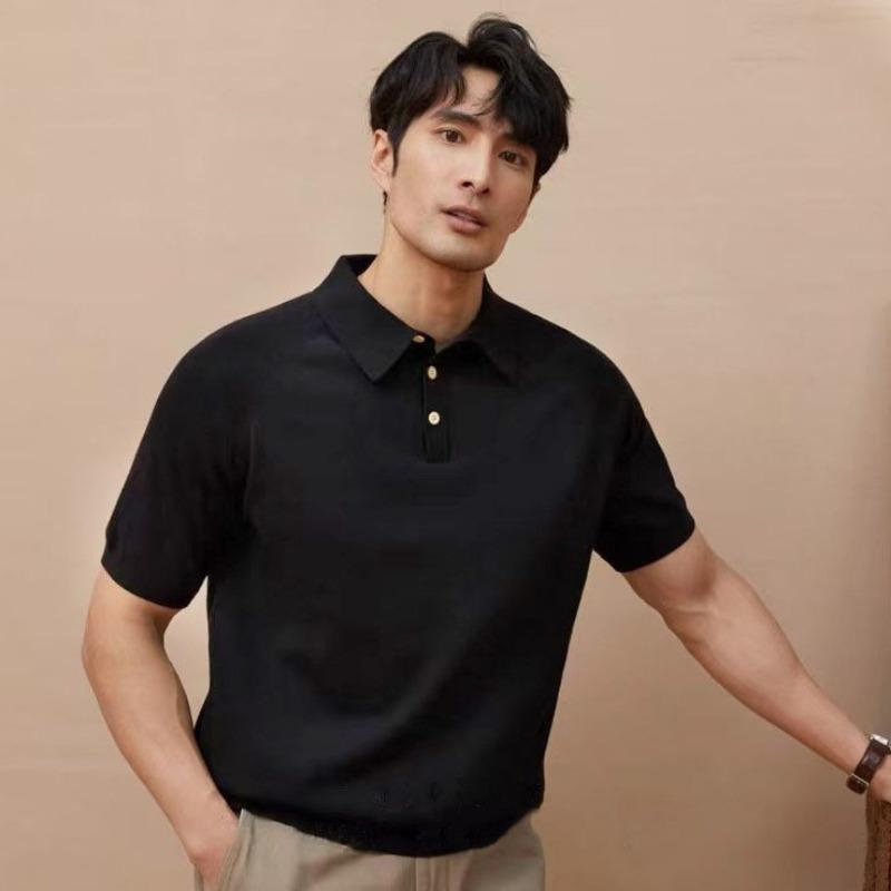 

Summer new style lapel sweater short-sleeved ice silk men s slim polo shirt T-shirt M чорний