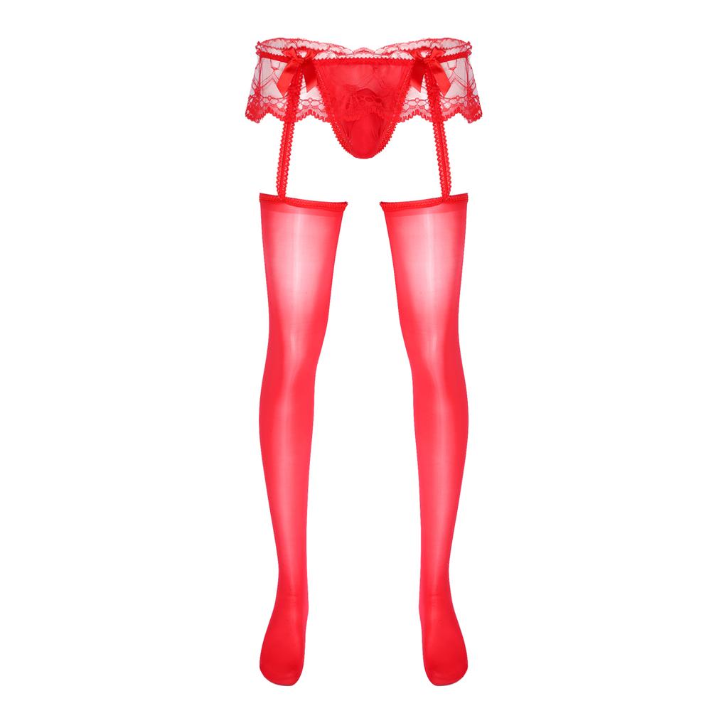 Mens Exotic Sheer Lace Briefs with Stocks Cutout Pantyhose Bulge Pouch G-Strings Glossy Garters Leggings Sissy Nightwears Party