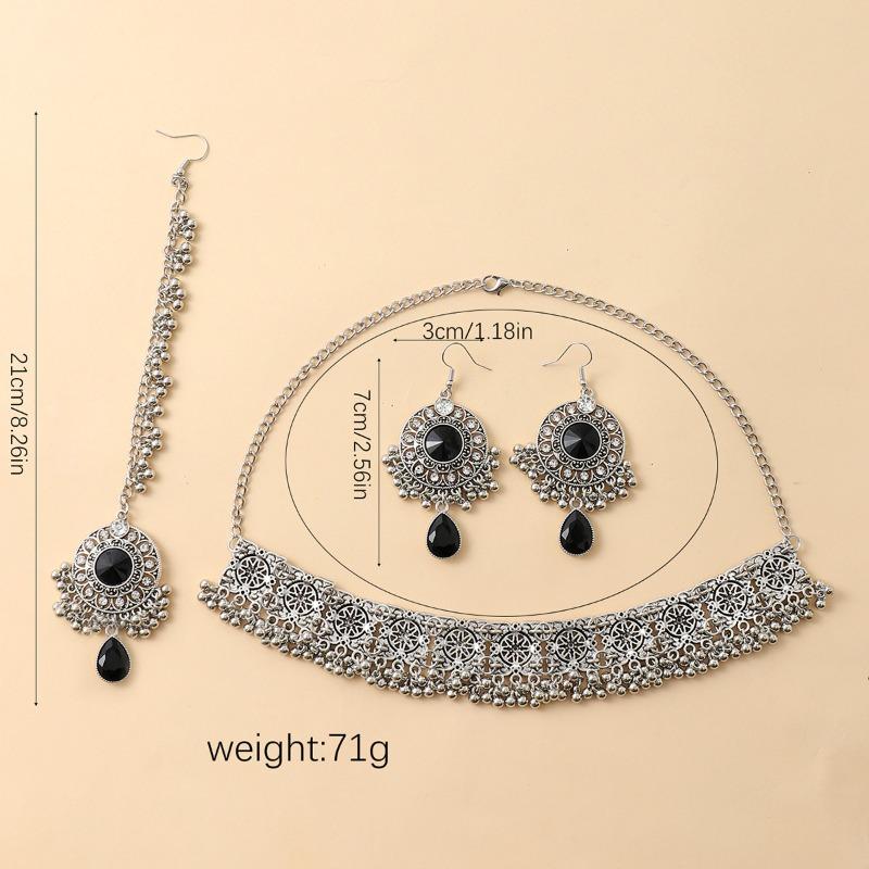 Diamond-encrusted Round Tassel Earrings NecklaceHair ChainThree-piece Set Retro Forehead Chain