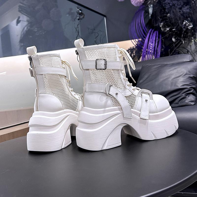 Fashion Designer Women's Short Boots New Early Autumn Mesh Leather Chunky Boots Gladiator High Platfom Buckle Goth Boots Mujer Zapatos