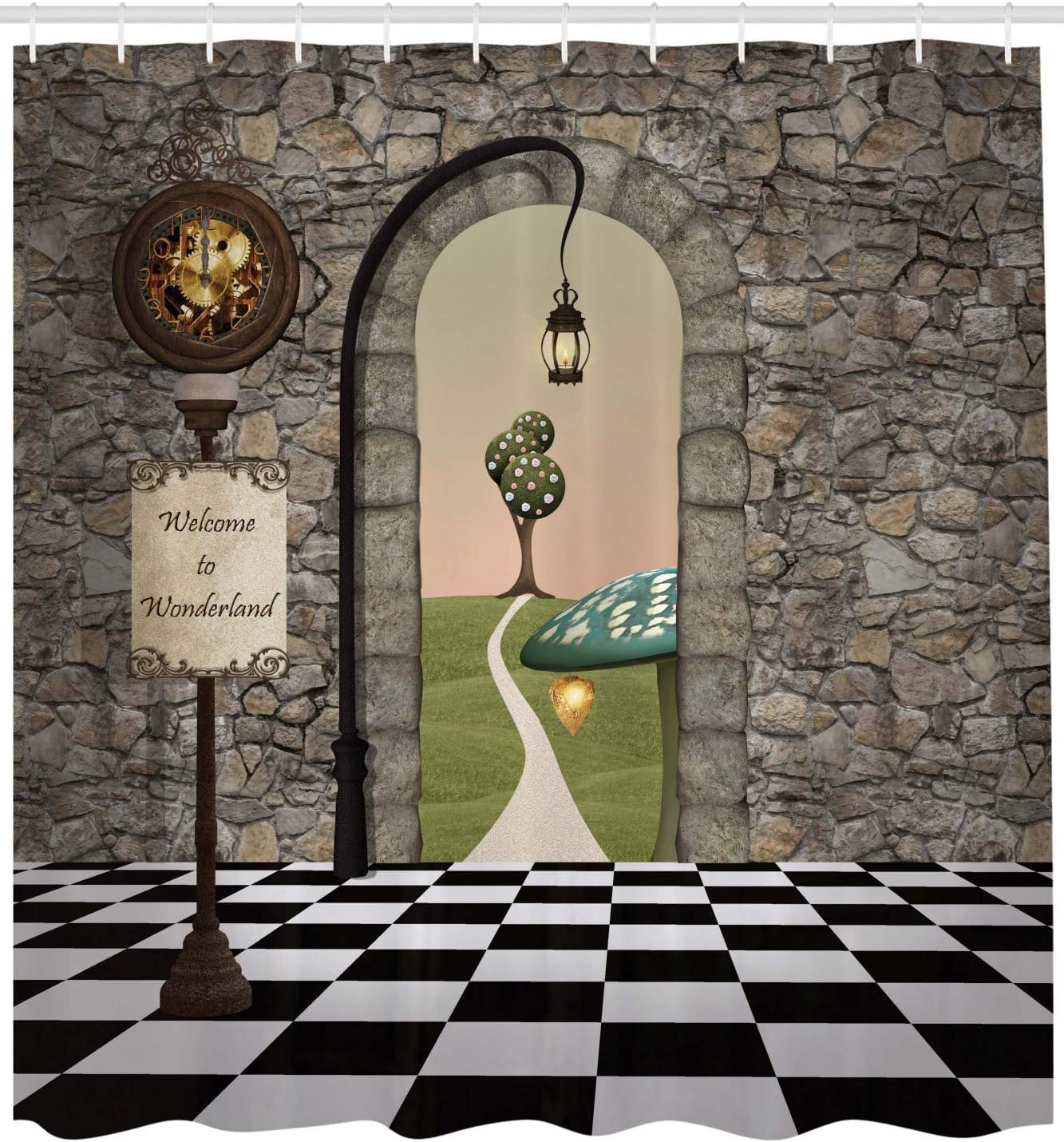 Alice In Wonderland Shower Curtain, Welcome Wonderland Black And White Floor Landscape Mushroom Print, Cloth Fabric Ba W60H190(CM)-1 Pcs
