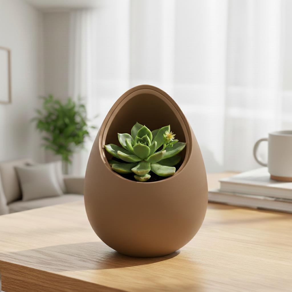 A Modern, Decorative Brown Plant Pot In the Shape of a Nest for Plants.