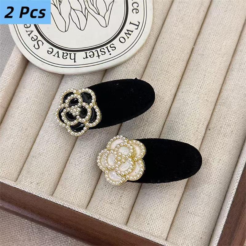 

2/4Pcs Black White Camellia Hairpin Pearl Flocked Hair Clip Girl Forehead Side Bang Clip Elegant Mourning Funeral Hair Accessory