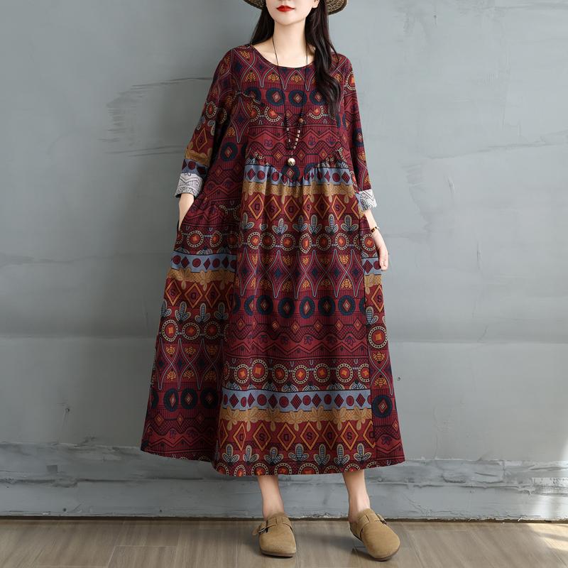 Dimanaf 2025 Women Plus Size Spring Long Dress Loose Basic Printing Vintage Casual Floral Oversize Long Sleeve Maxi