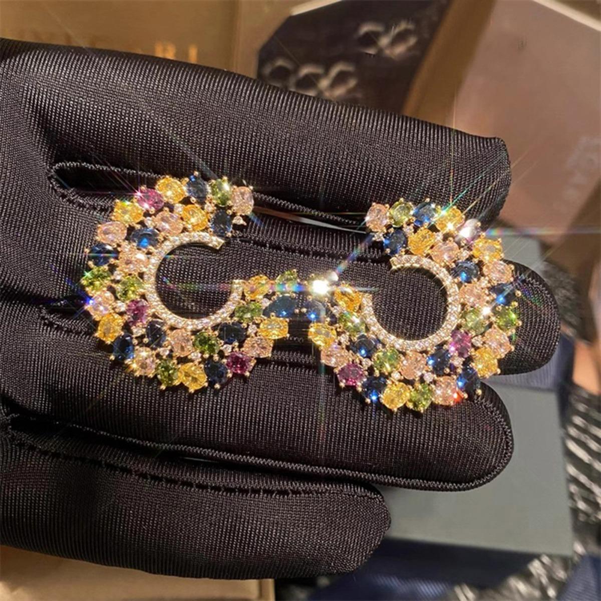 Gold Tone Multicolor CZ C-Shaped Layered Halo Statement Earrings