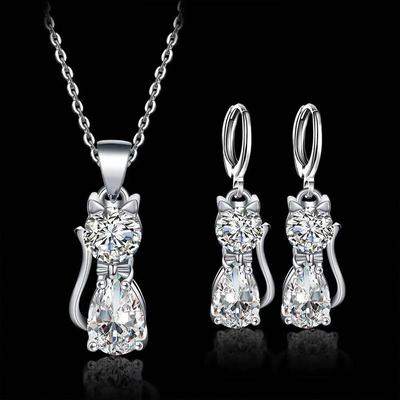 Jewellery Sets Accessories Genuine Cubic Zirconia Cat Kitty Necklace Pendant+Leverback Earrings