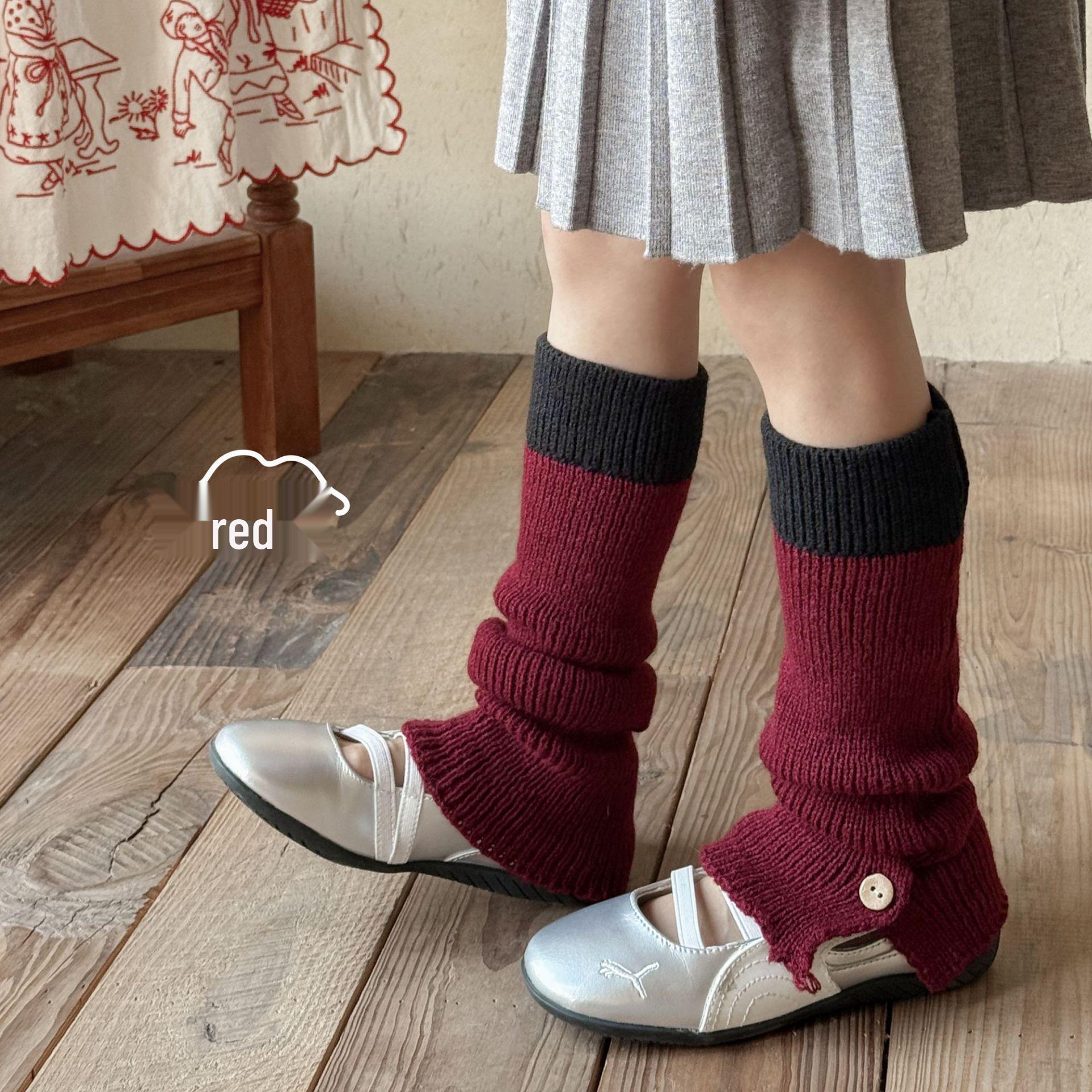 

Korean Style Girls Red Button Leg Warmers for Spring & Autumn One Size (Sock length approx. 35cm)
