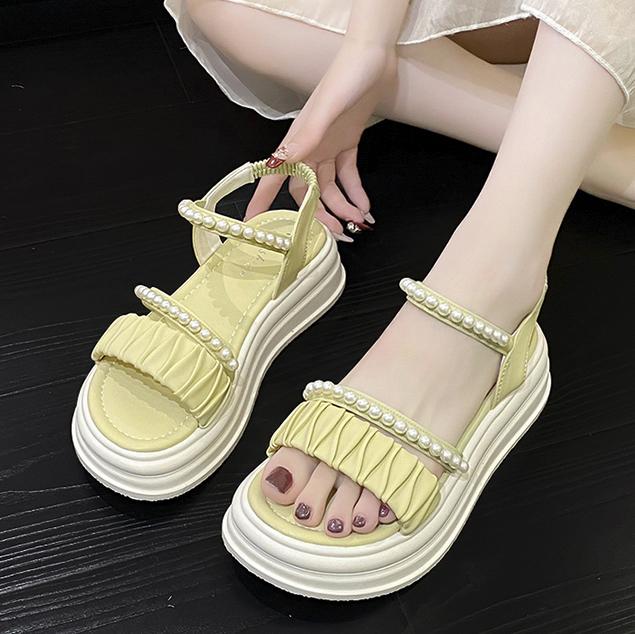 Taoffen Casual Sandals For Women Breathable Exposed Toes Pearl Sandals Lightweight Soft Elastic Band Thick Sole Height Increasing Shoes