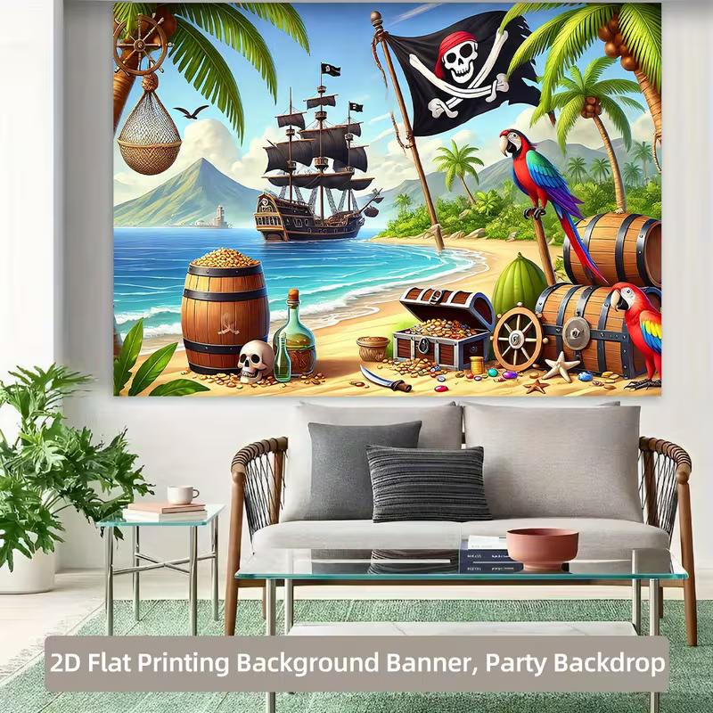 Pirate Treasure Island Tapestry | Tropical Beach Ship & Parrot Decor Background