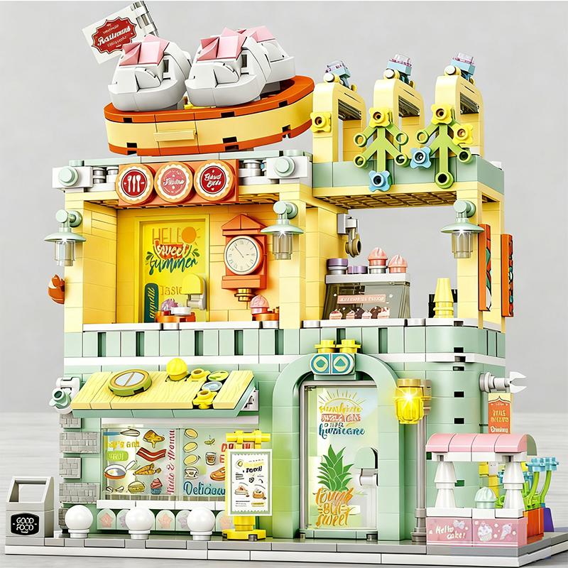Restaurant Dessert Coffee Pet Fruit Store Street View Food House Building Blocks Kit Girls Bricks Model Kids Toy Boy Child Gifts