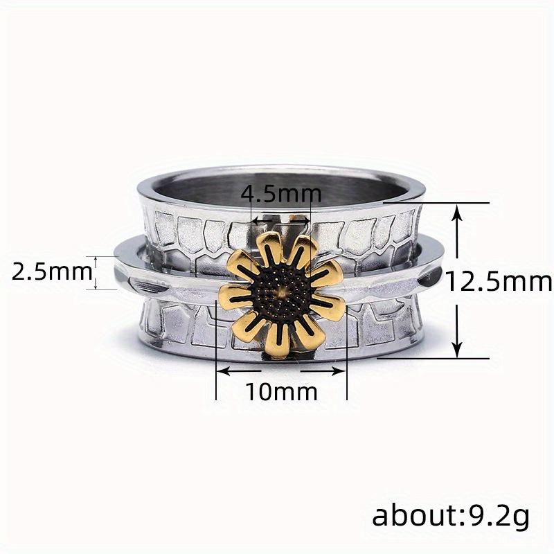 Two-tone Sunflower Spinner Anxiety Ring, Silver Plated Wide Band Rotating Fidget Ring for Women