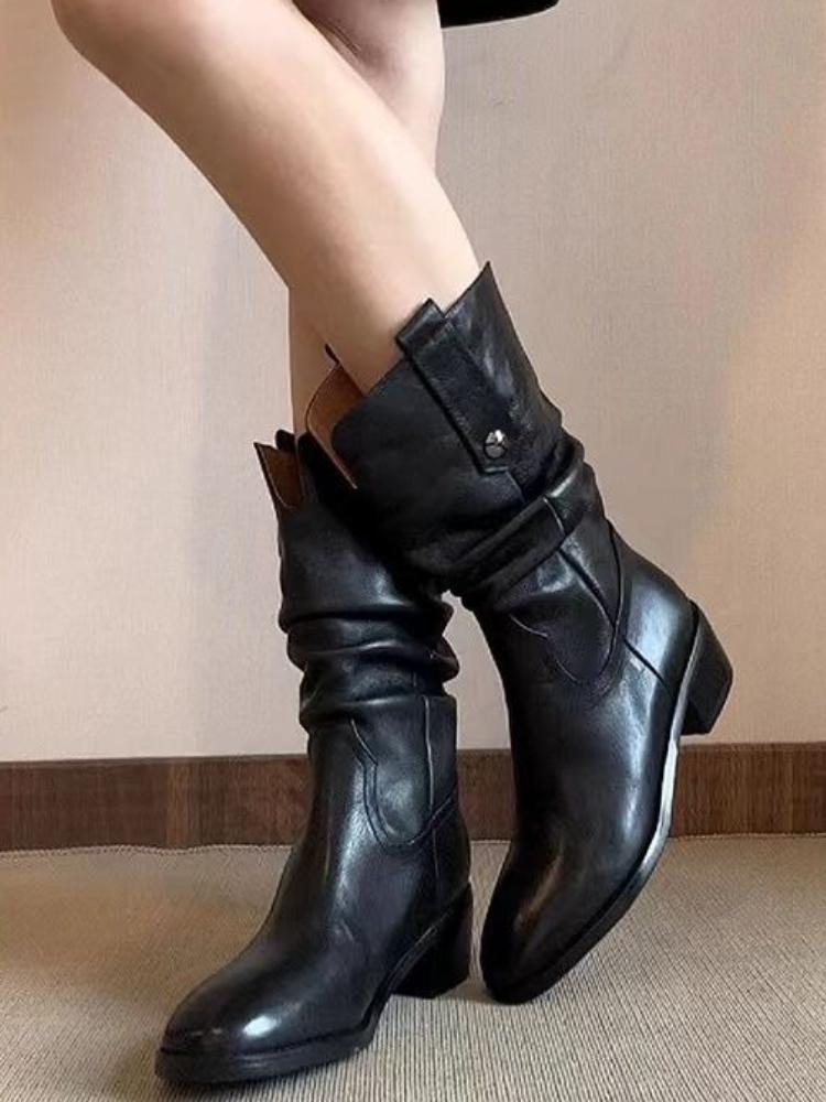 Fashion Autumn Winter Fleece-Lined Leather Half High Boots for Women Elegant Heeled Round Toe Mid Calf Shoes Woman 2025 Novelty Footwear