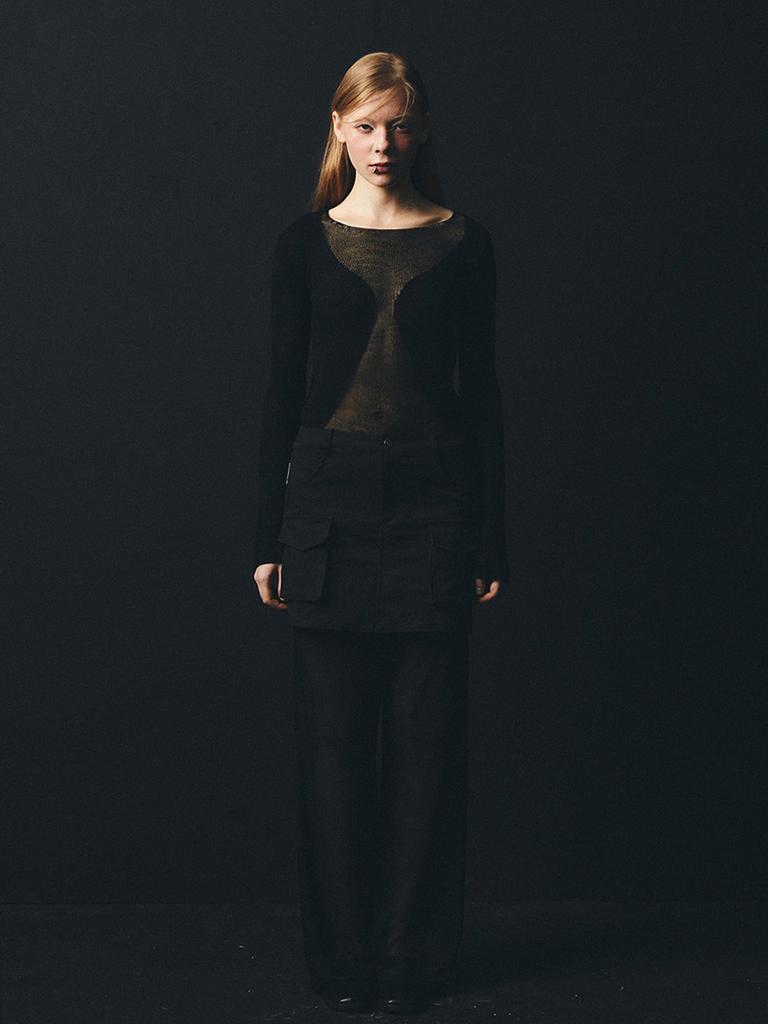 HALF DEVIL US See-Through Round Neck Knit Top_Black