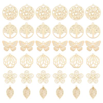 36Pcs 6 Style Rack Plating 201 Stainless Steel Filigree Pendants Etched Metal Embellishments Nickel Free Mixed Shapes Real 18K Gold Plated