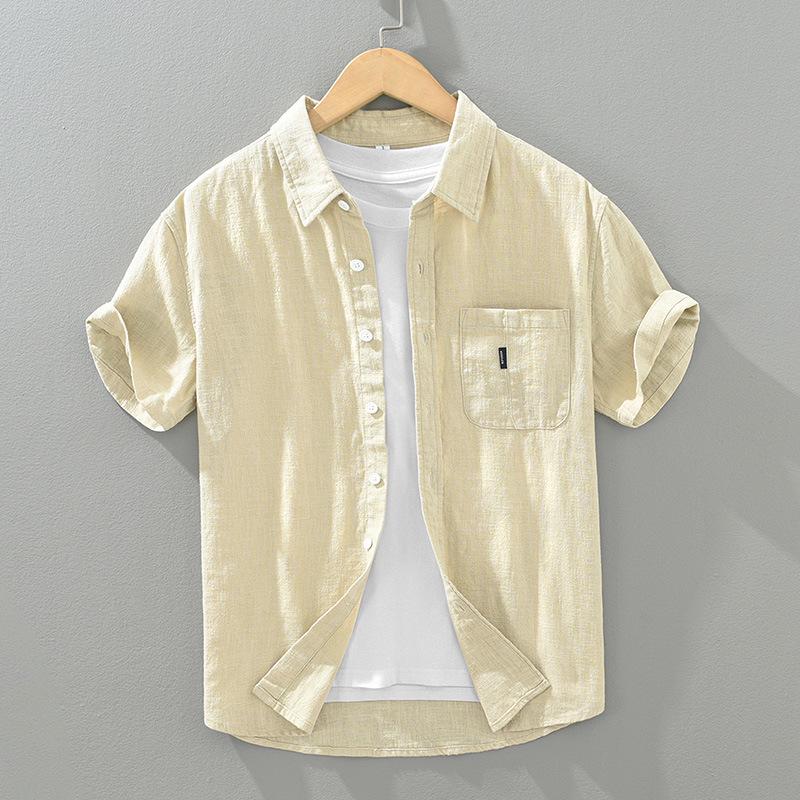 1267 Solid Color Short Sleeve Cotton Linen Shirt