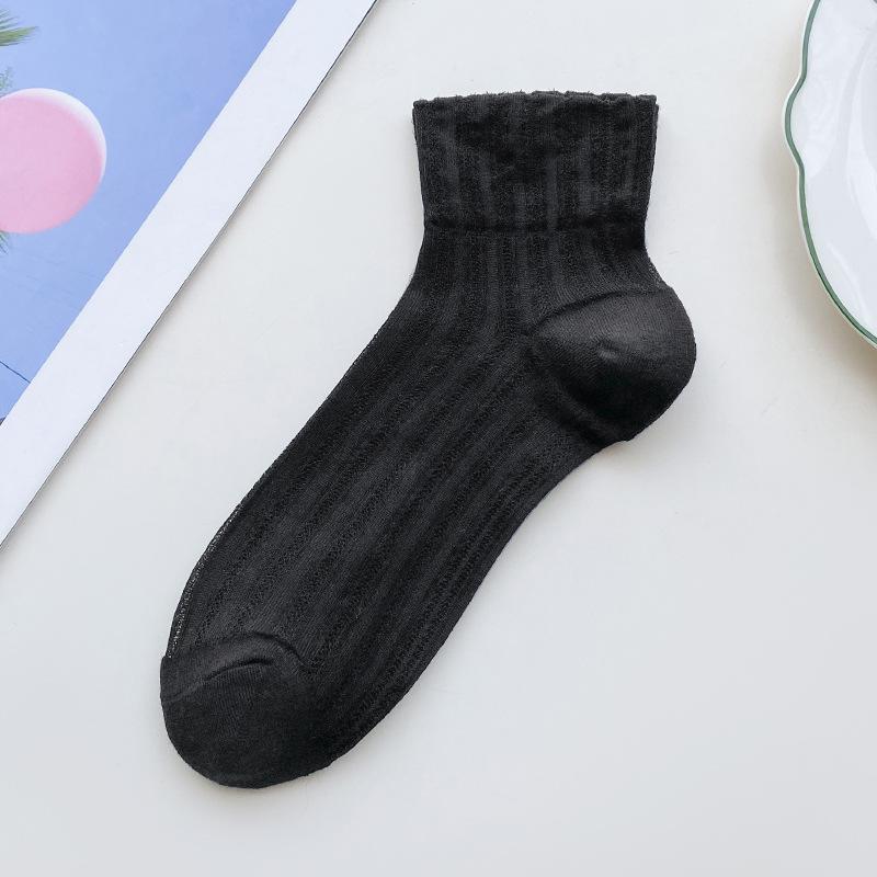 

Women s Summer Thin Solid Color Lace Breathable Mid Tube Cotton Socks 1 pair чорний