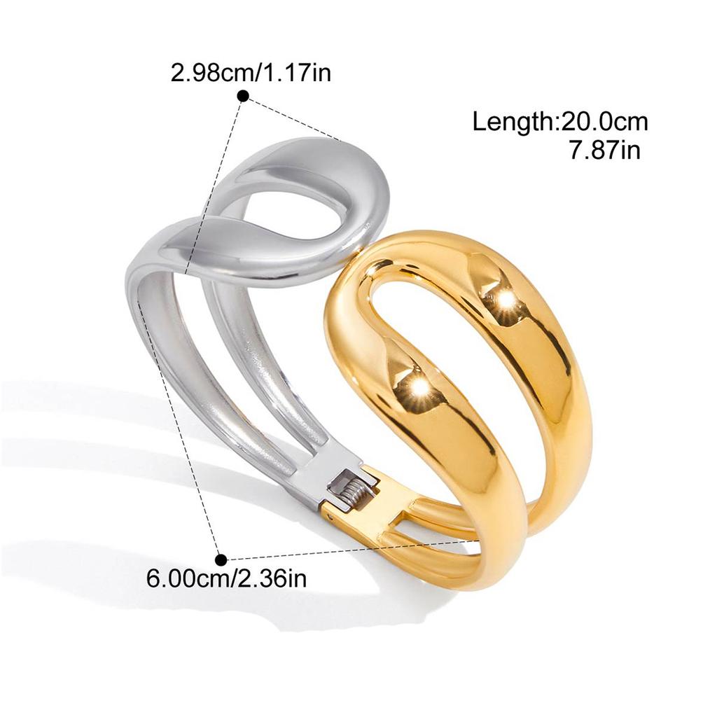 Yori Waterproof 18K Gold Plated Geometric Stainless Steel Double Color Cuff Bracelet Bangle Statement Charm Texture Jewelry New
