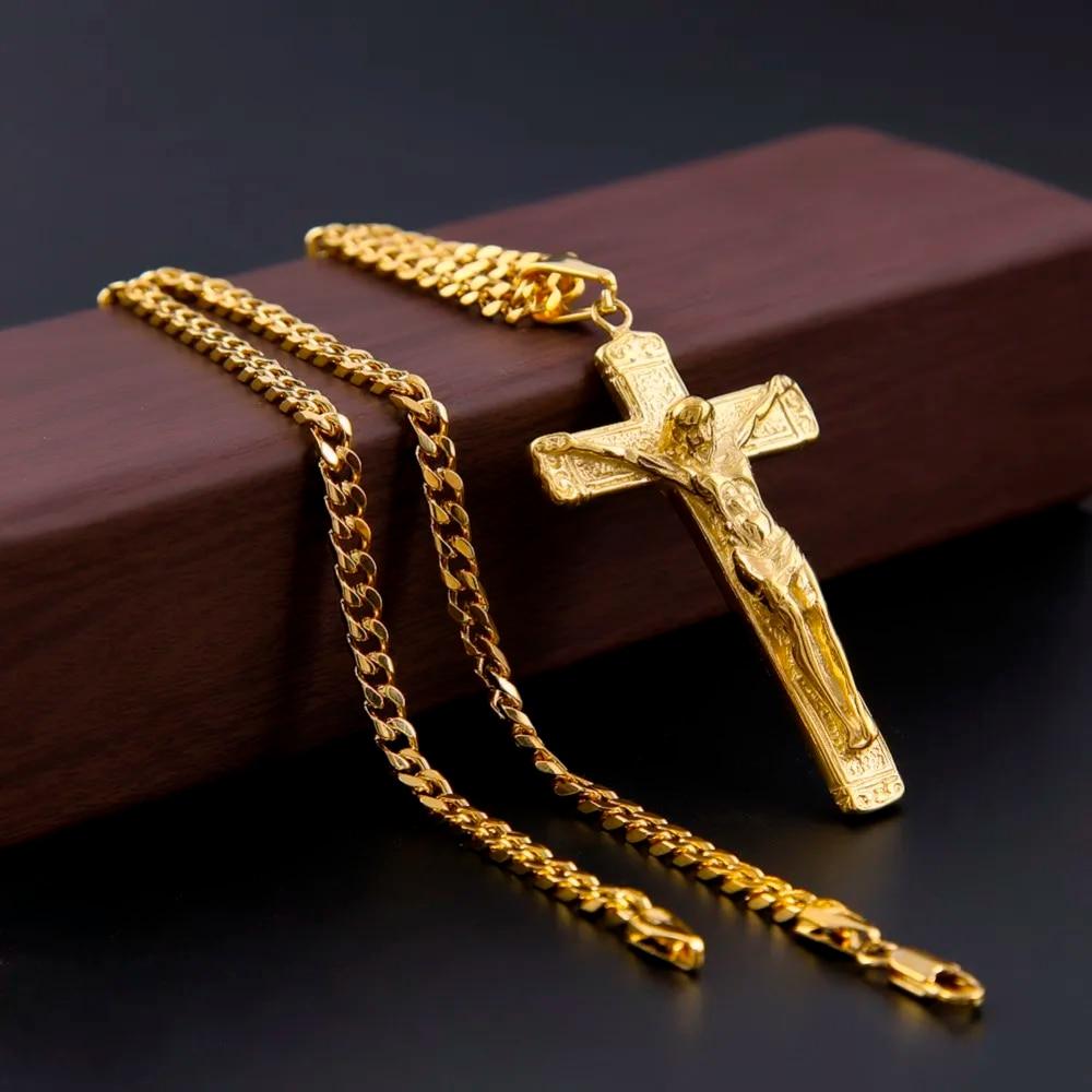 

Мужская подвеска из нержавеющей стали золотого цвета с крестом Иисуса и распятием Христа с 5 мм кубинской цепочкой, ожерелье, ювелирные изделия в стиле хип-хоп