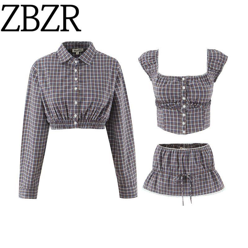 Za New Fall Women's Clothing 2025 Fashion Style Pattern Sling Lapel Midriff Outfit Long Sleeves Shirt Skirt Three-Piece Set
