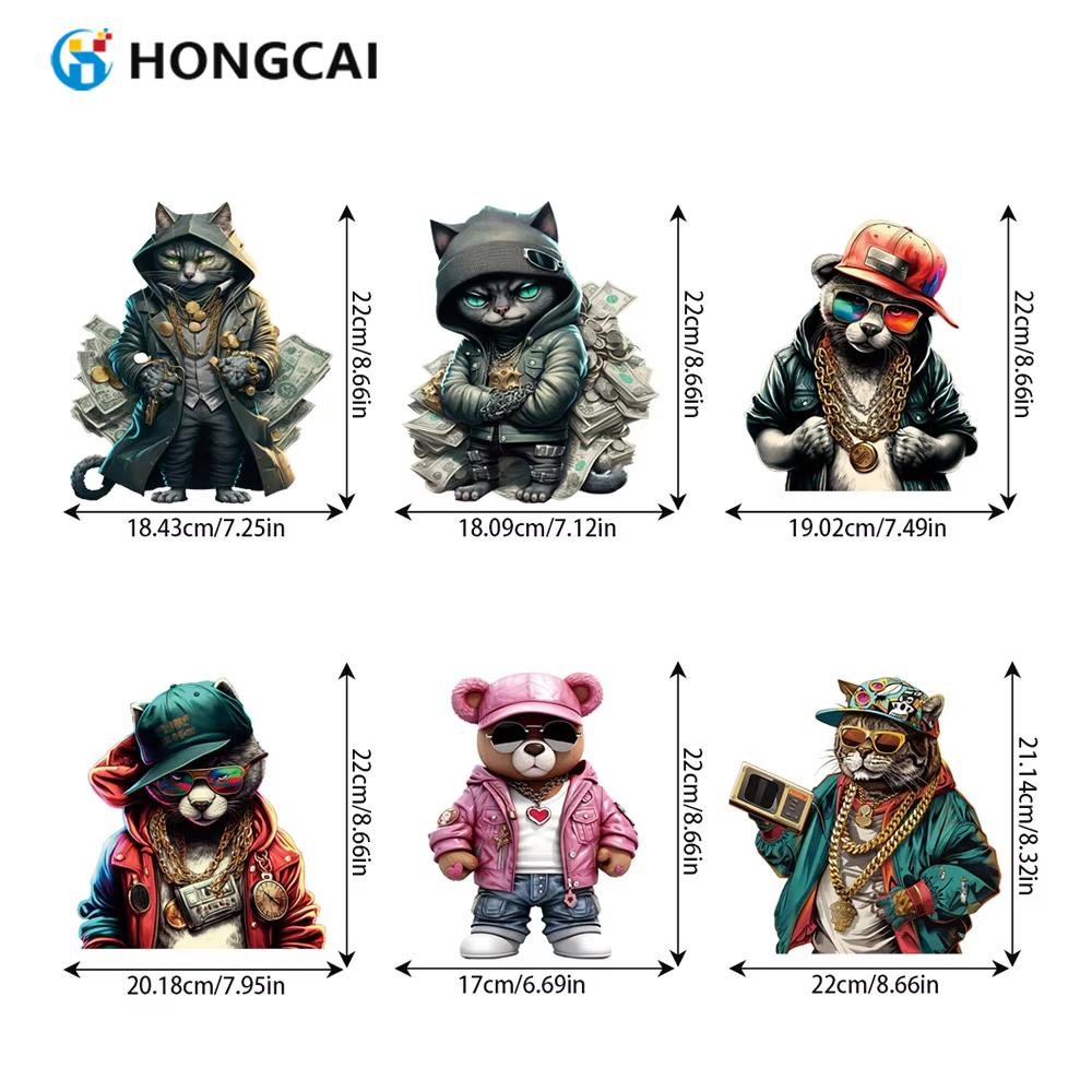 Hongcai PET Material Heat Transfer Film Sticker Cat Bear Pattern for Hip Hop Style Iron-On Garments Transfer Paper & Film