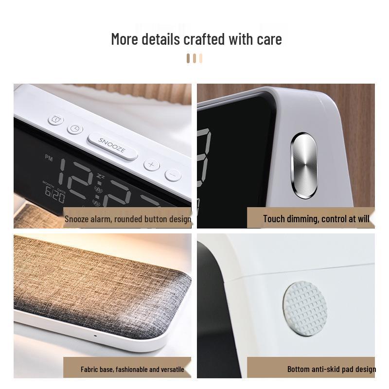 10W Wireless Charging Bedside Lamp with Alarm Clock & Three-Level Dimming Night Light