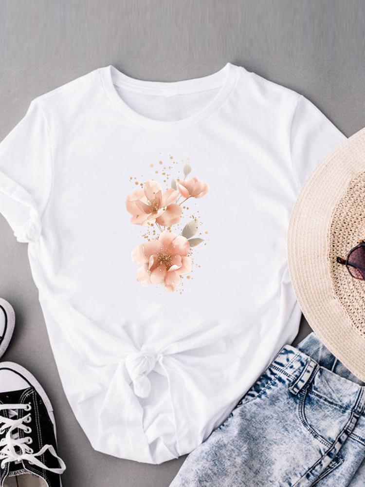 (Asian Size) love heart flower trend  Print Short Sleeve T-shirts Fashion O-neck Female Casual Women's Top T Clothing  Graphic Tee